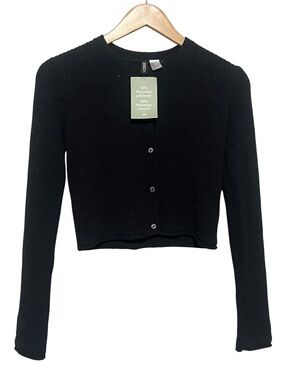 H&M Black Ribbed Knit Cardigan Crop Size Small NWT